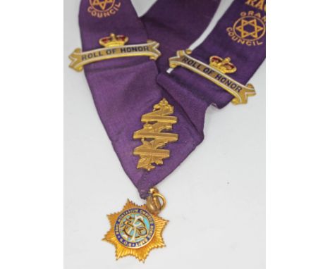 A Royal Antediluvian Order Buffaloes Roll of Honor sash with enamel drop medallion marked 9ct, wt. 6.78g.  