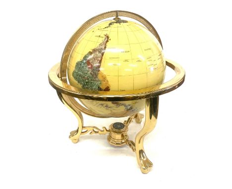 Table top gemstone world globe with 3 legged gold tone stand and compass height 20" tall