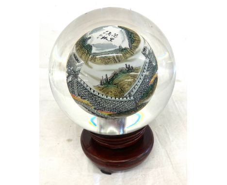 Hand painted Beijing glass globe on a rotating wooden base height 