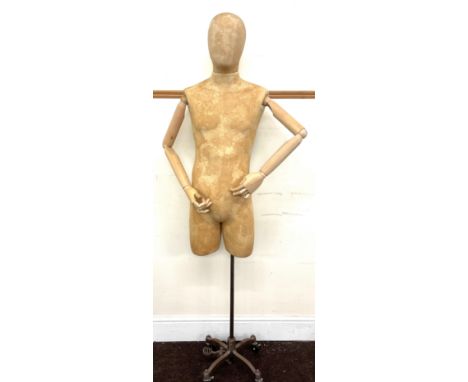 Vintage wooden and fabric mannequin on metal base , overall height 190cm
