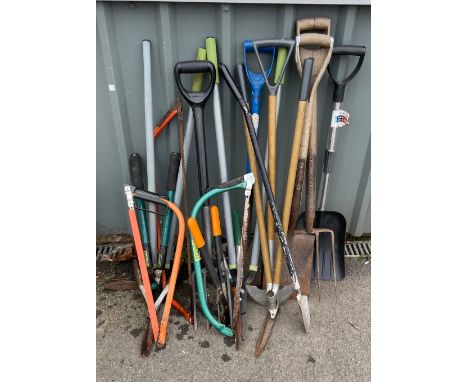 Selection of garden tools to include spades, shears etc 