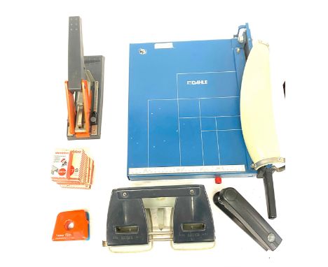 Large guillotine, hole punchers, stapler, selection of calculators etc 