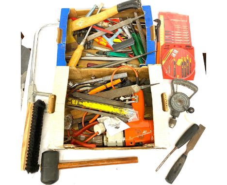 Large selection of vintage tools includes hammer, saws, axe etc 