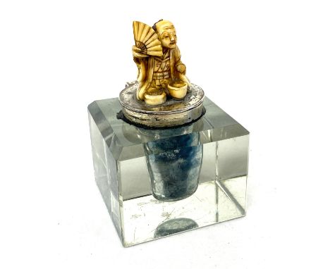 Antique silver and glass inkwell mounted with a Japanese ivory netsuke / Okimono 