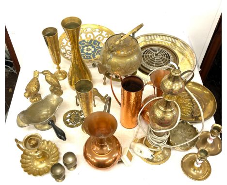 Selection of brassware to include kettle on stand, vases, lamp (rewiring required)  etc 