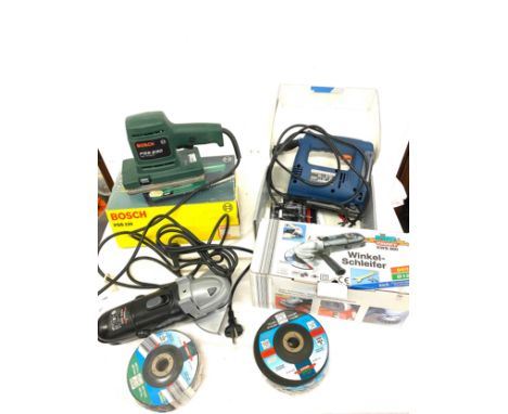 Selection of power tools includes bosch sander, king craft grinder with discs and jigsaw - all boxed 