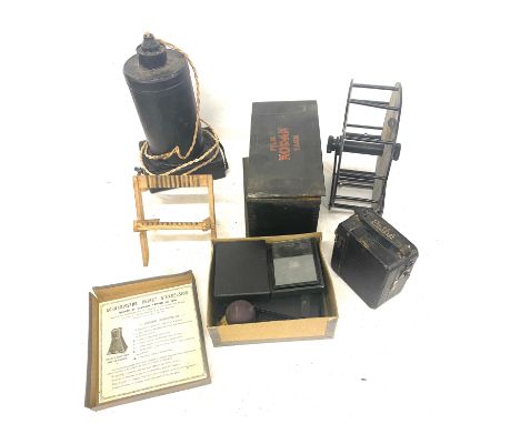 Selection of vintage camera equipment includes pathe camera , kodak film tank Agrandisseur plant exceusior etc 