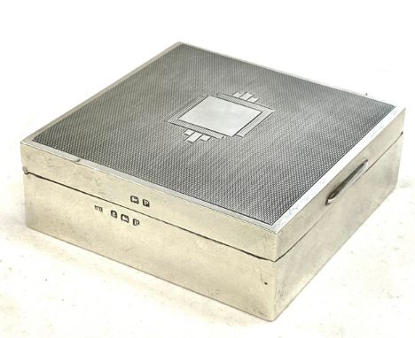 Vintage hallmarked silver engine turned cigarette case, wooden inlay, leather bottom, small dent to top as seen image 