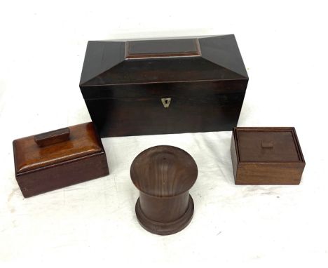 Selection of wooden items includes vintage tea caddy etc 