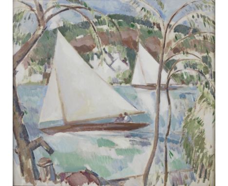 John Duncan Fergusson RBA (British, 1874-1961)Yachts, 1927 signed and dated 'J.D.FERGUSSON/1927' (verso)oil on canvas56 x 61.