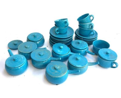A lot of continental blue ceramics to include cups and saucers, lidded ramekins, pots etc 