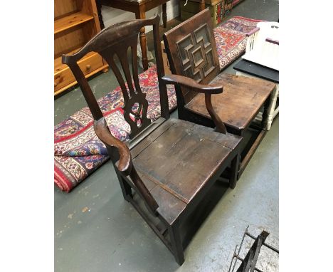 A Georgian oak commode open armchair; together with an oak side chair with geometric back 