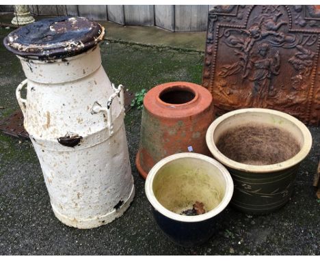 Two ceramic planters together with a terracotta rhubarb cloche and a milk pail