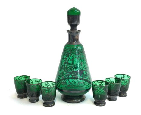A probably Austrian green silvered glass decanter and schnapps glass set, 22.5cmH including stopper 