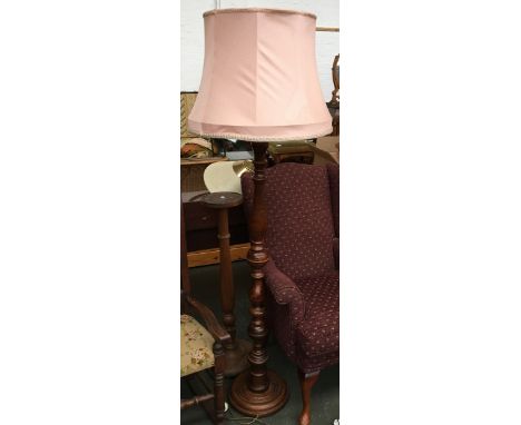 A turned wood standard lamp with shade; together with a pot stand, 94cmH 