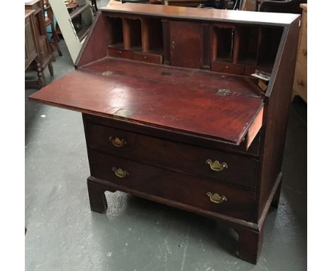 A George III mahogany bureau, fall front over four graduating drawers, on bracket feet, 91.5cmW 