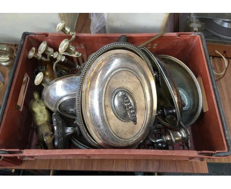 A mixed lot of metal items to include brass horse statue, silver plated chafing dishes, four armed candlestick holder, engine