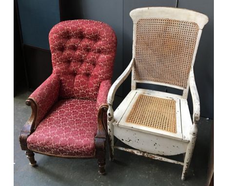 A white painted commode chair with caned seat and back; together with a buttonback bedroom chair 