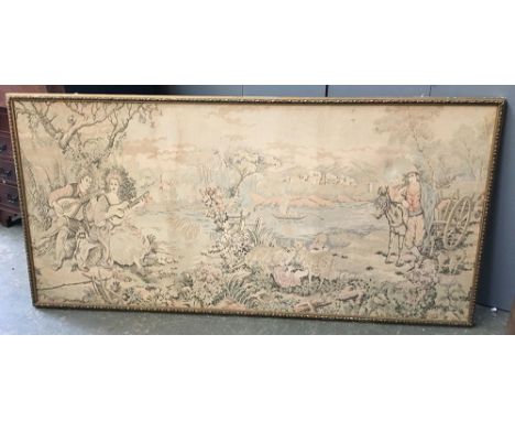 A large tapestry depicting a medieval lakeside scene, 91x191cm 