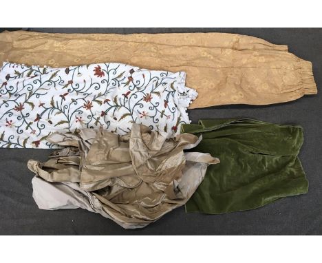 A pair of gold curtains, 200cm drop; together with a Pastimes throw, and other pieces of fabric 