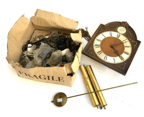 A mixed lot of knobs and fittings; together with a bracket clock with weights and pendulum 