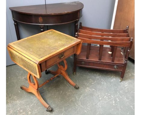 A three sectioned canterbury; together with a small sofa table with lyre supports, 51cmW; and a modern demilune table 