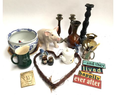 A mixed lot to include ceramic pig figurine, several candlesticks, studio pottery vase, brass censer, Delft windmill etc 