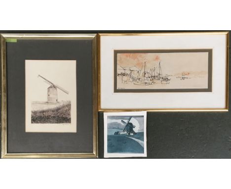 Neil R Maiden, screen print of windmill, signed and dated 1979, 27x19cm; Don Pedel, boats in harbour, 1975, ink and colourwas