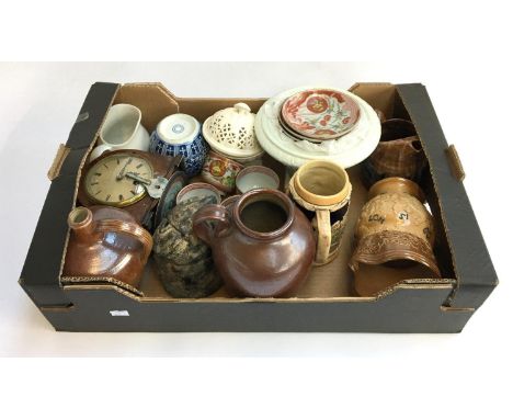 A mixed lot to include Japanese cups and saucers; Doulton Lambeth; cast metal owl box with lid;  salt-glaze ware; mantel cloc