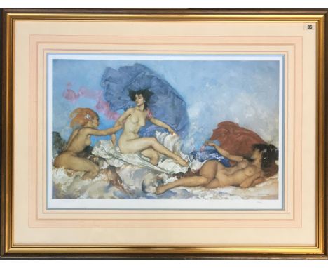 After William Russell Flint, 831/850, nude ladies relaxing in a room, with studio blind stamp, 46x69cm 