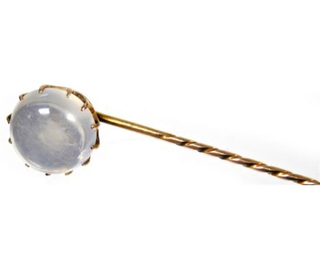 A moonstone set stick pin, with circular cut moonstone in claw setting, approx. 1.2cm W, in basket shaped top, on single stic