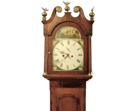 A 19thC oak and mahogany longcase clock, the swan neck pediment with brass finials and roundel's, above facetted pillars, an 