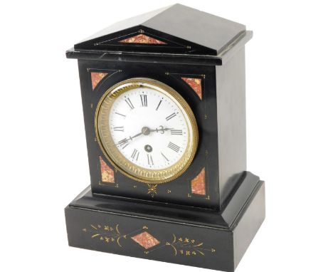 A Victorian black slate and marble mantel clock, the 10cm Roman numeric dial in a classical case with fixed pedimented top an