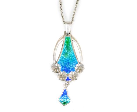A silver Charles Horner design pendant and chain, the pendant with blue and green enamel design, set with four flowers, the p