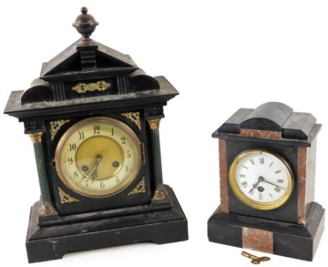 A Victorian slate and red marble mantel clock, the 9.5cm Dia. Roman numeric dial revealing a keywind pendulum swung movement,