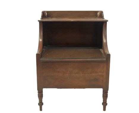 A George III mahogany Lancaster type night commode, with a hinged top shelf to become a back support and allow access to the 