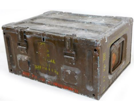 A 20thC metal ammunition crate,  marked REP 781, 21cm H, 46cm W, 34cm D.