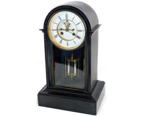 A Victorian black slate mantel clock, the 15cm Dia. Roman numeric enamel dial with an open movement, raised above a mercury p