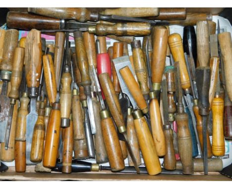 Various early 20thC hand tools, chisels, some with turned wooden handles, 20cm W, etc.  (a quantity)