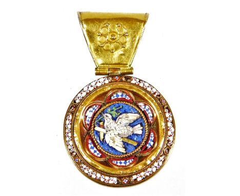 A micro mosaic memorial brooch, of circular form, set with micro mosaic type design, with central dove, on a blue background,