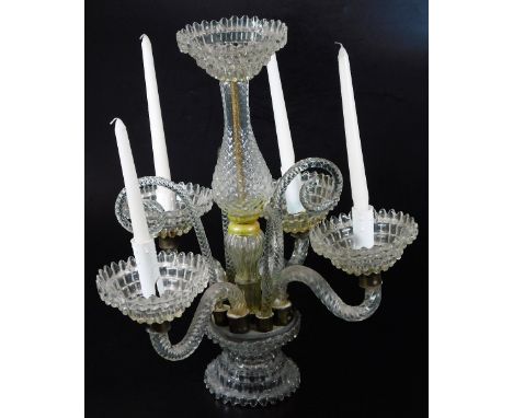 A 20thC cut glass chandelier or table centre, the baluster centre surrounded by barley sugar sections and glass dish holders,