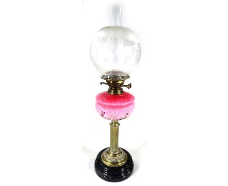 A Victorian part oil lamp, with pink glass reservoir, 11cm H, part frosted shade and clear funnel, with brass classical stem.