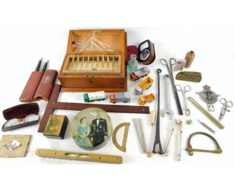 Various vintage tools and accessories, nut cracker, E shaped rule, 26cm W, spanner, specimen slides, slide box, stoneware jar