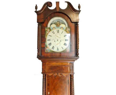 Greenhalgh, Manchester, a Victorian longcase mahogany clock, with a shaped crest and arched hood, flanked by spirally hinged 
