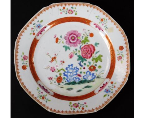 An 18thC Chinese export famille rose porcelain dish, of octagonal form, decorated with flowers, predominately in pink, green 