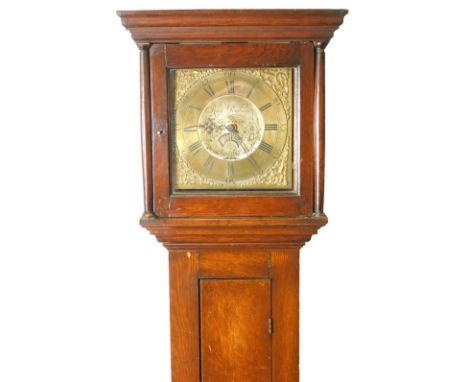 Richard Rubins, Grantham, an 18thC oak longcase clock, the hood with part turned columns, on bracket feet, the square brass d