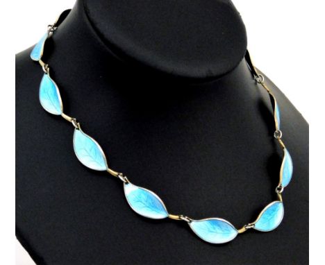 A Norwegian silver and enamel necklace, formed as blue leaves, 40cm L overall, marked D A Norway, 21.7g all in.