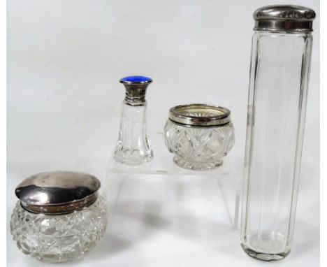 Various cut glass jars, with silver lids, another with enamel silver top of inverted form, powder jar with pierced lid, 17cm 