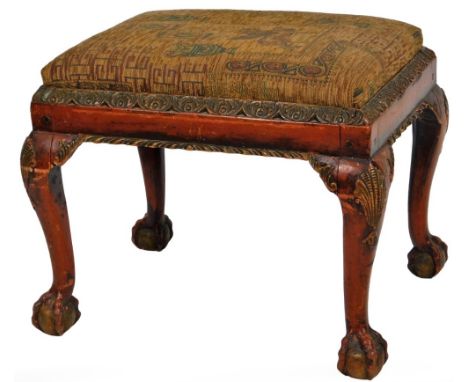 A 20thC mahogany stool, of rectangular form, with shell capped cabriole ball and claw feet and a drop in seat in geometric ma