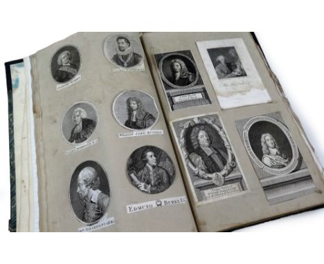 An 18thC scrapbook album containing portrait engravings, to include Queen Gustavus, Queen Mary, John Ellis, Lord Cottington, 